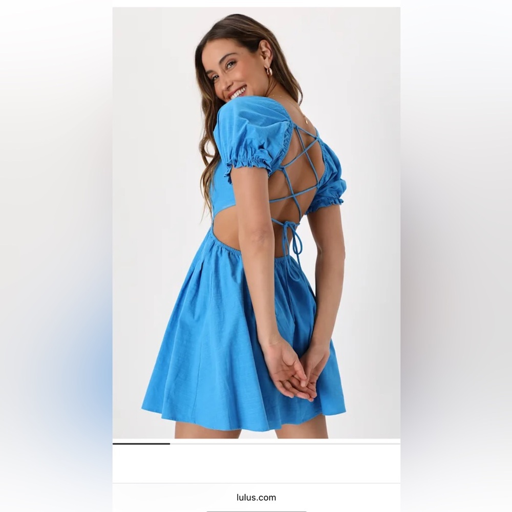 Lulu's Love the Feeling Blue Puff Sleeve Lace-Up Cutout Mini Dress